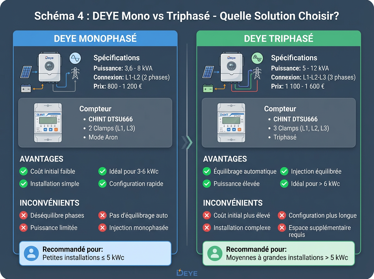 Tableau comparatif onduleur DEYE monophasé vs triphasé en réseau 3x230V
